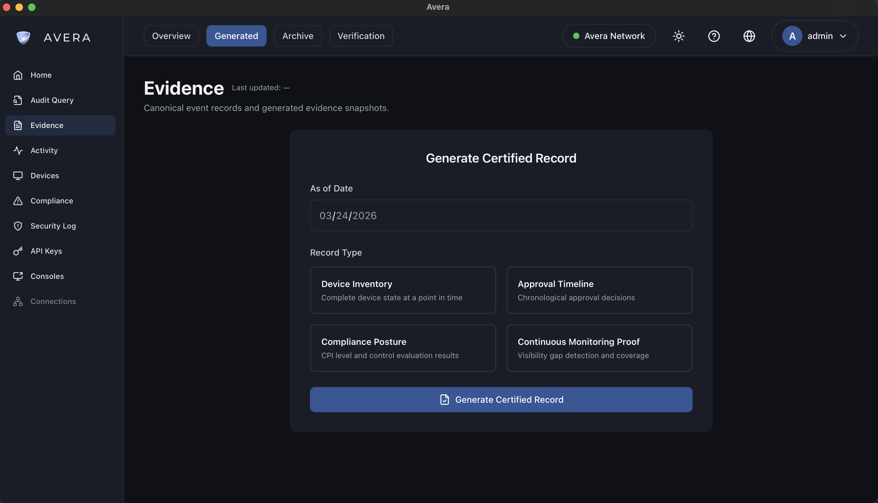 Avera Evidence — Generate Certified Record